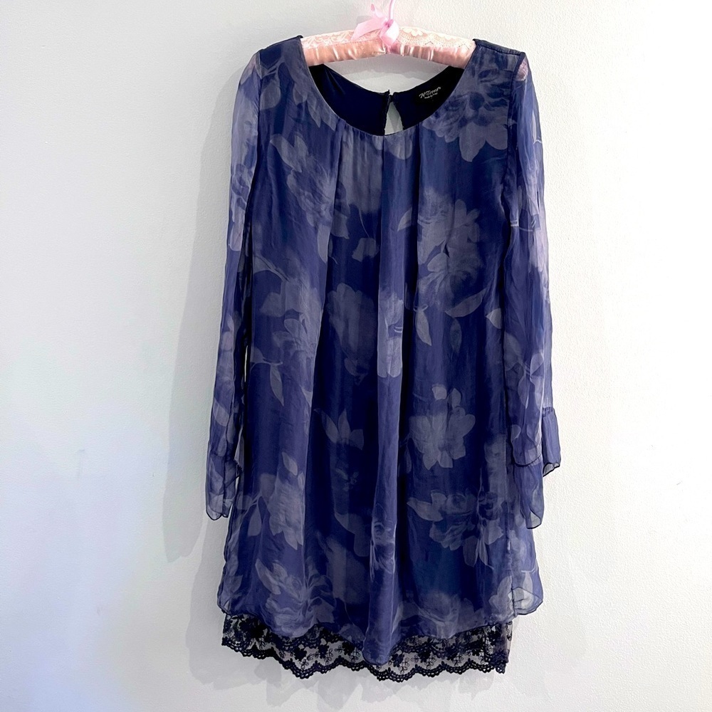 - H Trend Women’s 100%Silk Blue Floral Lined Lace Back and Hem Midi Dress …